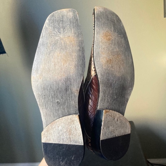 Zota | Taupe Patchwork Newspaper Design Leather Low Heel Slip On Dress Shoes - Picture 7 of 9